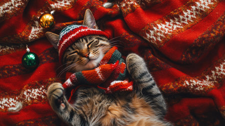 Top view of a cat wearing a Christmas hat and scarf, lying on a festive blanket with holiday decorations.の素材