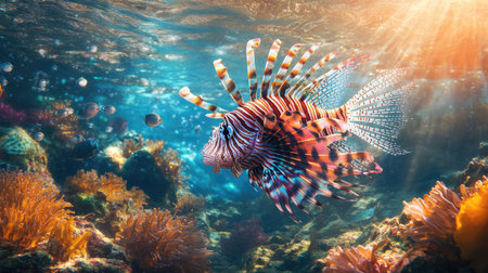 Underwater view of a lionfish swimming near the ocean floor, its colorful, fan-like fins and stripes highlighted by the sun's rays penetrating the saltwaterの素材
