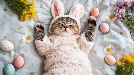 Top view of a cat in a bunny costume, lying on a spring-themed blanket with flowers and Easter eggs.の素材