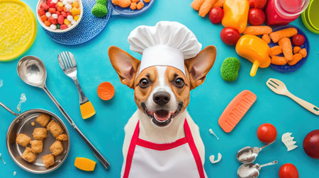 Top view of a dog in a chef's hat and apron, surrounded by toy cooking utensils and plastic food.の素材