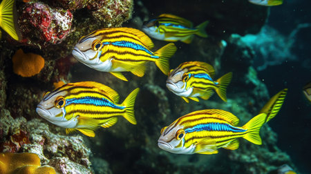 Sweetlips fish with bold stripes and bright colors schooling together in the crystal-clear waters of Hawaii, USA, near a coral reef wallの素材