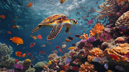 Small, vibrant fish weaving in and out of coral formations, with a sea turtle swimming overhead and larger fish schools moving in the backgroundの素材