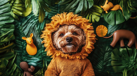 Top view of a dog in a lion costume, lying on a jungle-themed backdrop with toy animals and greenery.の素材
