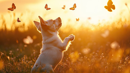 Top view of a dog standing on hind legs in a meadow, with butterflies flying around and the sun setting in the background.の素材
