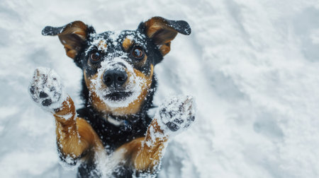 Top view of a dog standing on hind legs in a pile of snow, looking up with a snow-covered nose and paws.の素材