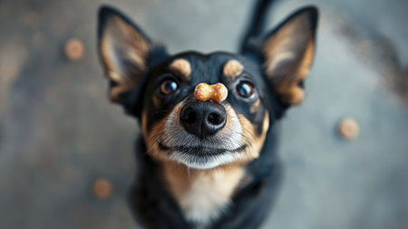 Top view of a dog standing on two legs, balancing a treat on its nose, waiting for the command to catch it.の素材