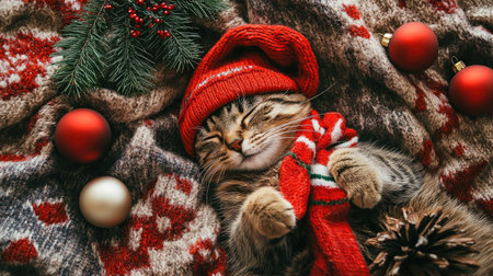 Top view of a cat wearing a Christmas hat and scarf, lying on a festive blanket with holiday decorations.の素材
