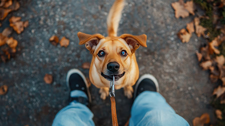 Top view of a dog standing on two legs, looking up at its owner with a leash in its mouth, ready for a walk.の素材