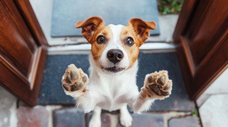 Top view of a dog standing on two legs, pawing at a door, eagerly waiting for someone to open it.の素材