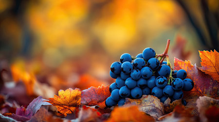 A bunch of ripe grapes ready for picking, surrounded by autumn leaves in vibrant hues, warm, soft lighting enhancing the sceneの素材
