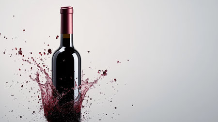 A bottle of red wine with a splash effect, set against a plain backdrop, with plenty of copy space for text or designの素材