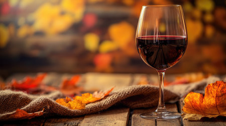 A big wine glass with deep red wine, surrounded by autumn leaves and a rustic cloth on a wooden table, selective focus on the wineの素材