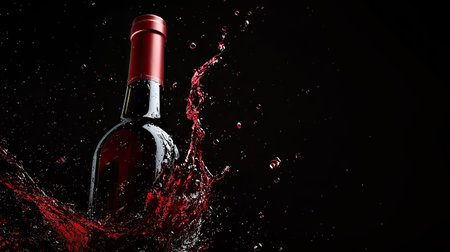 A bottle of red wine with a splash of wine pouring out, dramatic motion, against a plain black background, copy spaceの素材