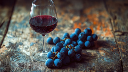 A close-up of a wine glass filled with red wine, surrounded by blue grapes on a weathered wooden table, vintage ambianceの素材