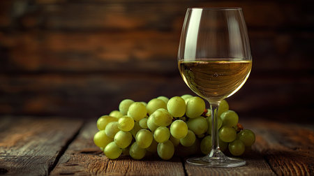 A close-up of a bunch of green grapes and a glass of white wine on an aged wooden table, with plenty of copy space in the backgroundの素材
