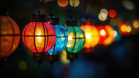 A close-up of brightly colored lampion lamps hanging in a row, glowing softly against a dark background, perfect for capturing the magic of the festivalの素材