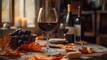 A cozy autumn still life with a big glass of dry red wine, rustic table setting, fallen leaves, warm light, selective focus on the wineの素材