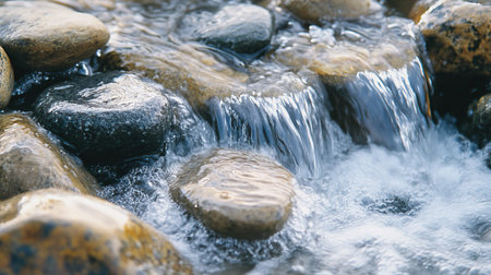 A close-up of river stones with water cascading over them, capturing the motion and texture of the scene in a tranquil outdoor settingの素材