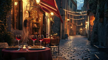 A cozy outdoor Italian cafa with red wine glasses, plates of pasta, and a cobblestone street, bathed in warm evening lightの素材