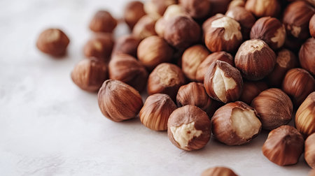 A collection of hazelnuts on a white surface, emphasizing their role as a nutritious, healthy snack packed with natural goodnessの素材