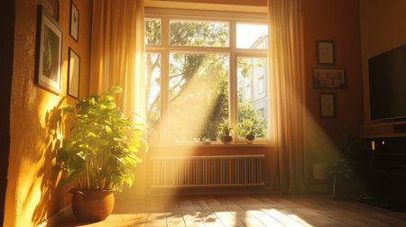 A cozy room filled with natural light from a wide window, soft sunbeams creating a bright, serene atmosphere with warm tonesの素材