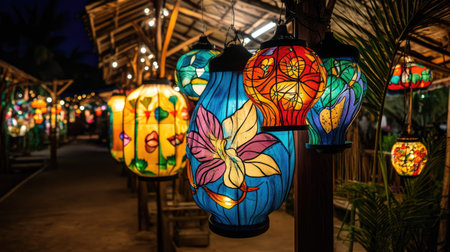 A close-up of lampion lamps with vibrant colors and artistic designs, glowing in the night, perfect for capturing the festive spiritの素材
