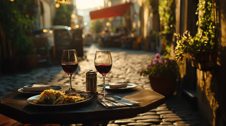 A cozy outdoor Italian cafa with red wine glasses, plates of pasta, and a cobblestone street, bathed in warm evening lightの素材