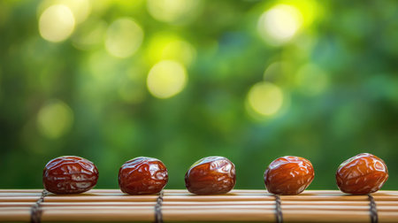 Dates in a row on a bamboo mat, with a blurred green outdoor background, symbolizing freshness and natural, healthy eatingの素材