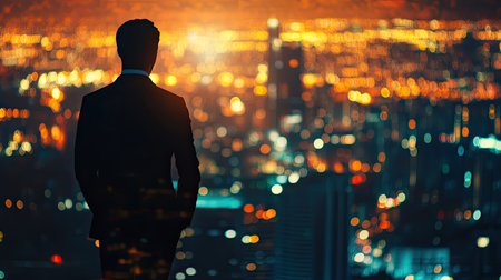 Young businessman's silhouette side view against a city illuminated at night, symbolizing the balance of career and ambition.の素材