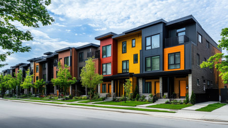 Modern residential street with rows of stylish townhouses, each with unique architectural features, large windows, and colorful facadesの素材