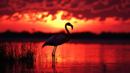 A flamingo silhouetted against a vibrant sunset, its pink form casting a long shadow across the landscape.の素材