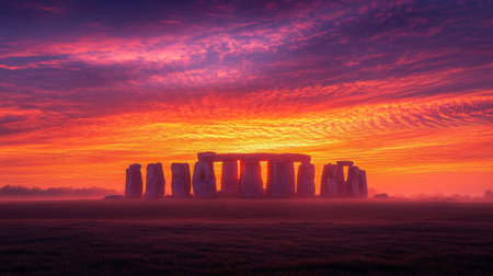 A panoramic view of Stonehenge at sunrise, with the ancient stone circle silhouetted against a vibrant sky of pinks and oranges, capturing the mystic atmosphereの素材