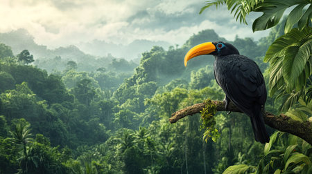 A Hornbill perched on a branch, overlooking a lush rainforest.の素材