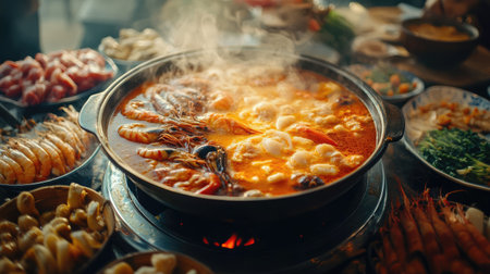 A vibrant Chongqing hot pot with a rich butter base, filled with bubbling spicy broth and surrounded by an assortment of fresh seafood, meats, and vegetablesの素材