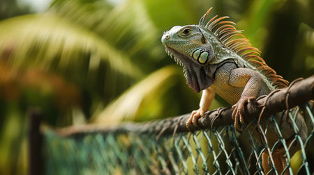 An iguana perched on a fence, surveying its surroundings with a watchful eye.の素材