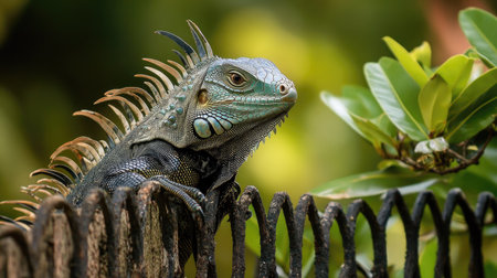 An iguana perched on a fence, surveying its surroundings with a watchful eye.の素材