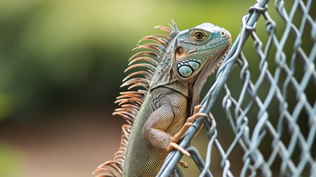 An iguana climbing a fence, its strong tail helping it to balance.の素材
