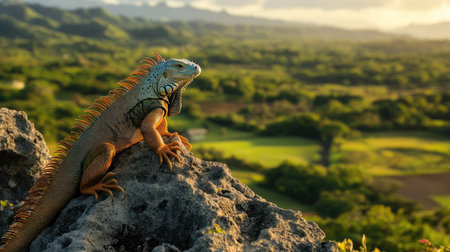An iguana perched on a rock, overlooking a beautiful landscape.の素材