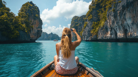 Adventurous traveler woman on the bow of a boat, taking photos of the stunning limestone cliffs and turquoise waters around the Andaman Sea, Phuketの素材