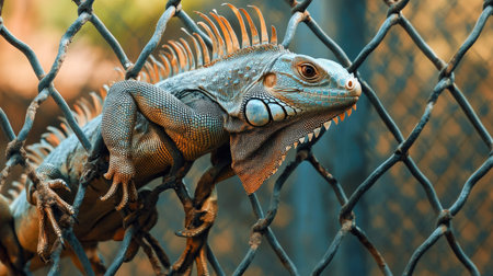 An iguana climbing a fence, its strong tail helping it to balance.の素材