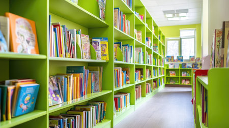 Bright green bookshelves in a library, packed with children's books, inviting kids to read and explore, colorful and engaging, Novosibirsk, Russia, April settingの素材