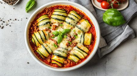 Baked zucchini rolls with ground meat, layered with tomato sauce and cheese, arranged in a white dish on a gray concrete background, captured from above with selective focus,の素材
