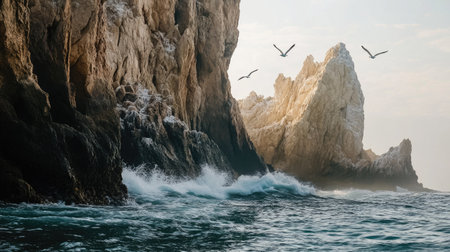 Close-up of the natural rock formations at Land's End, Cabo San Lucas, with seagulls flying in the background and waves splashing against the rugged cliffsの素材