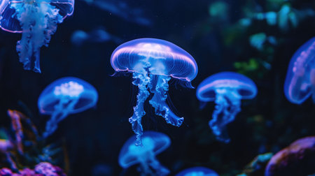 Captivating scene of jellyfish moving slowly in a dark aquarium, their bodies glowing with blue neon light, creating an otherworldly ambianceの素材