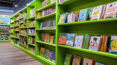 Bright green bookshelves with a wide selection of children's books in a bookstore, Novosibirsk, Russia, April, capturing a fun and engaging space for young readersの素材