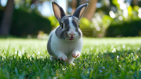 Close-up of a cute baby rabbit running in a grassy yard, pausing to bite on the grass, showcasing the playful and curious nature of small petsの素材