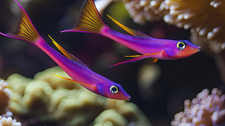 Close-up of two Purple Firefish, Nemateleotris decora, hovering near a coral formation, their elongated bodies and striking dorsal fins fully displayedの素材