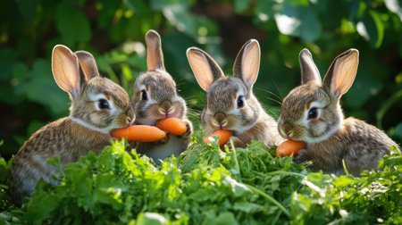 Delightful baby bunnies eating carrots in a vibrant green garden. Fluffy and curious, these rabbits symbolize joy and nature. Ideal for Easter themes.の素材