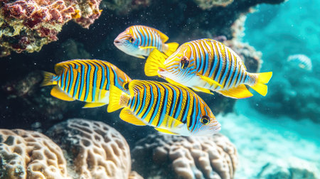 Sweetlips fish with bold stripes and bright colors schooling together in the crystal-clear waters of Hawaii, USA, near a coral reef wallの素材