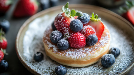 Close-up shot of thick, airy Japanese pancakes garnished with a mix of strawberries, blueberries, and powdered sugar, served on a ceramic plateの素材